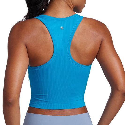 CRZ YOGA Womens Seamless Ribbed Longline High Neck Sports Bra - Racerback Padded Slim Fit Crop Tank Top with Built in Bra Madagascar Blue X-Small