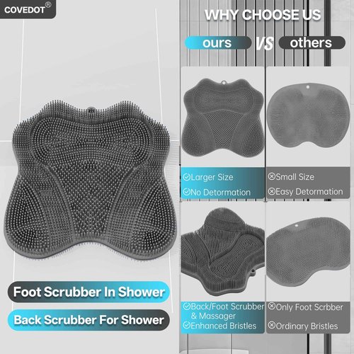 COVEDOT Dual-Sided Silicone Shower Foot Scrubber Mat – Foot Scrubber in Shower for Deep Cleaning & Exfoliation | Wall-Mounted Shower Foot Scrubber Mat & Back Cleaner for Men and Women (Grey, Standard)