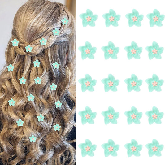 YISSION Mini Lily Hair Clips for Girls and Women - 20Pcs Cute Small Green Flower Wedding Barrettes and Bridal Accessories