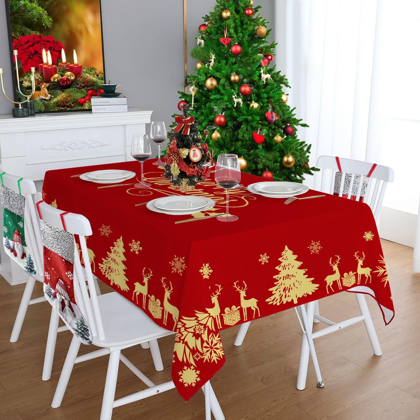 Faptoena Merry Christmas Rectangle Tablecloth 60×120 inch Christmas Table Cloth Golden Deer Christmas Tree Table Covers Red Christmas Decoration for Christmas Party Dining Room Home Kitchen Picnic