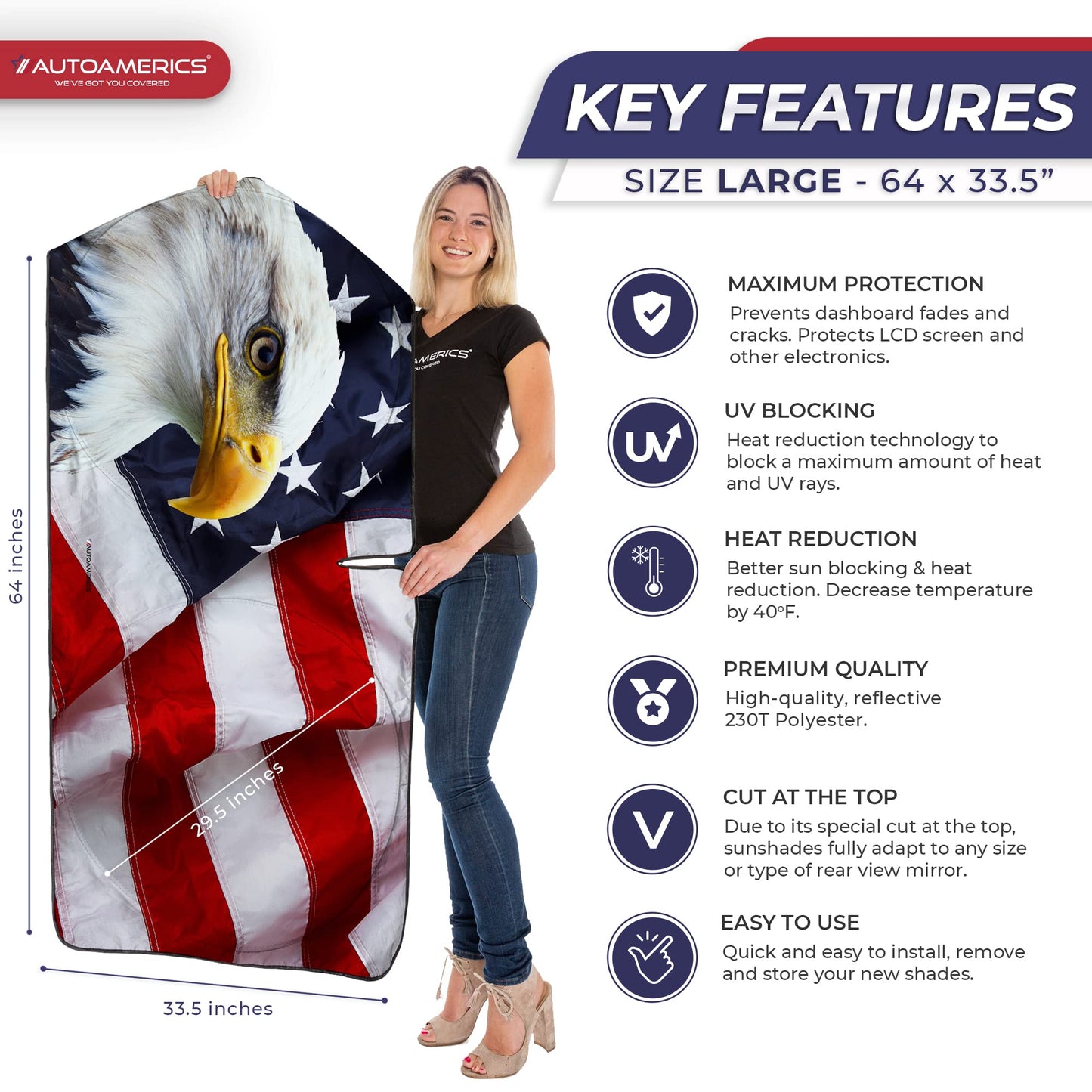 Autoamerics 1-Piece Windshield Sun Shade American Eagle Flag - 3 USA Patriotic Design - Foldable Car Front Window Sunshade for Sedans SUV Truck - Blocks Max UV Rays and Keeps Your Vehicle Cool - Large