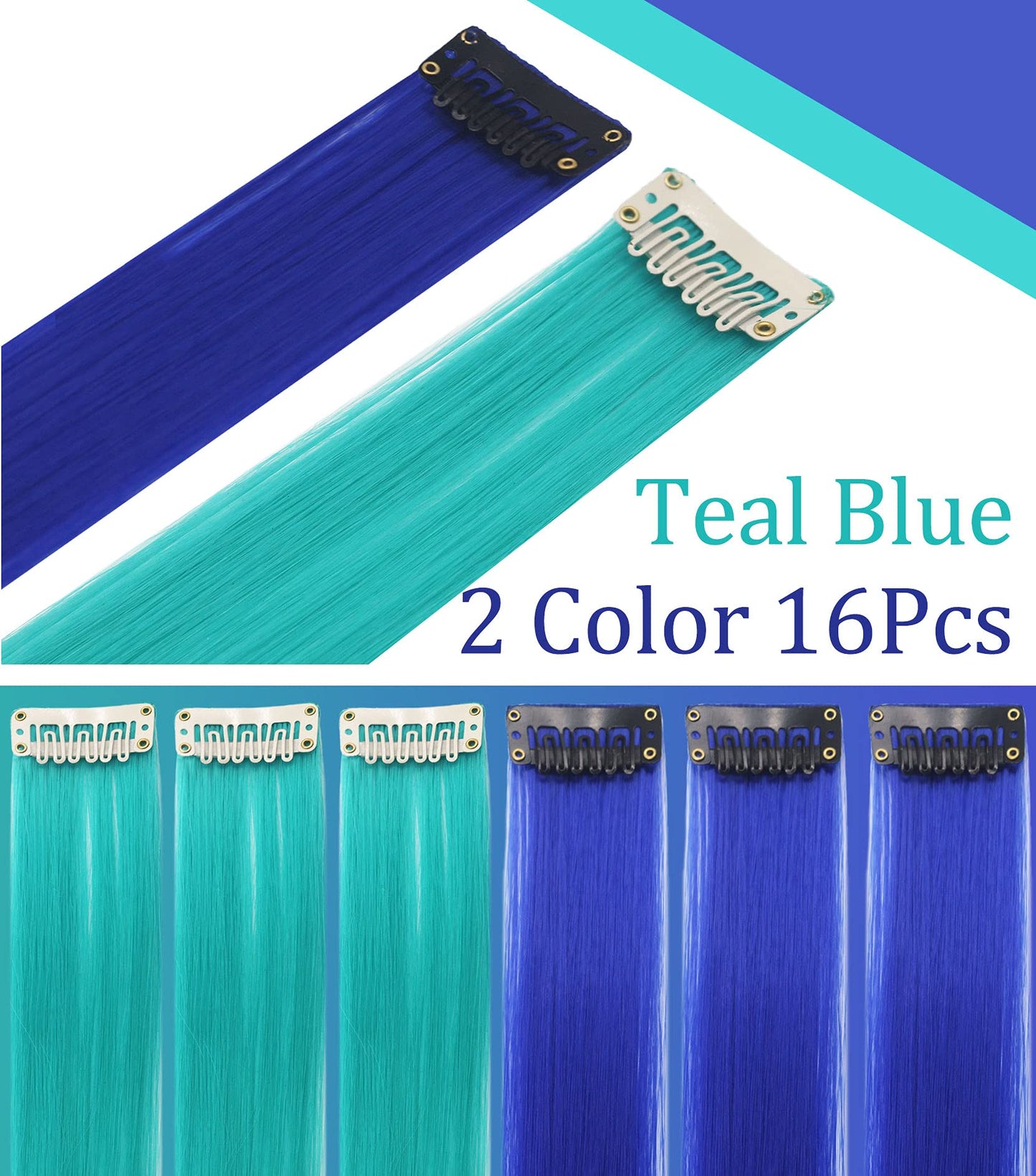 JCHDWSGUO 16 PCS Color Hair Extensions 21Inch Heat-resistant Synthetic Straight Hair Extensions Clip in, Crazy Hair Accessories for Girls Holiday Party Hair Highlights Women Wig Pieces (Blue Teal)