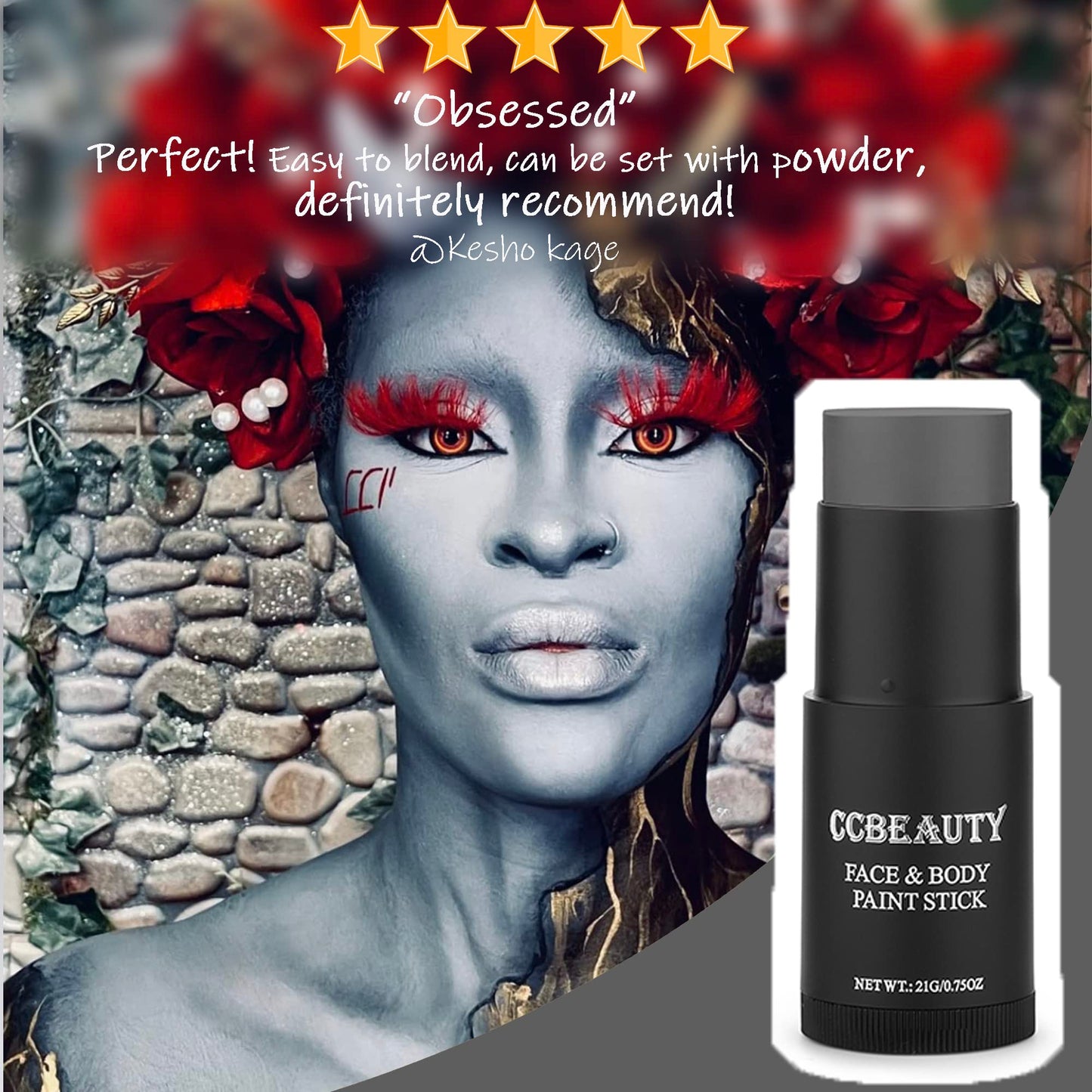 CCBeauty Dark Grey Face Body Paint Stick, Grease Gray FacePaint, Cream Grayscale Foundation Makeup, Waterproof Hypoallergenic for Halloween SFX Special Effects Cosplay Costume Parties