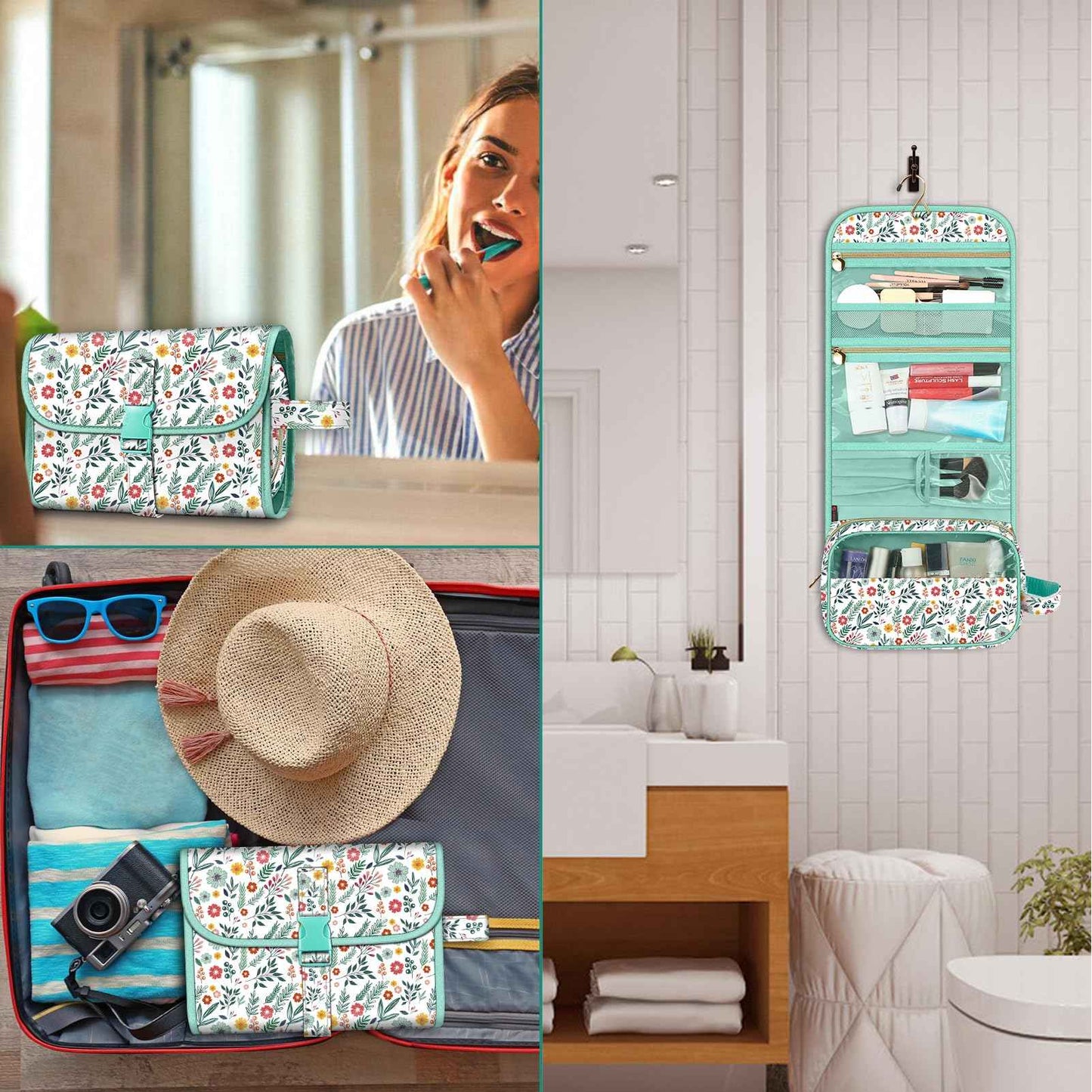 Fintie Portable Toiletry Cosmetic Travel Bag, Large Water Resistant Hanging Makeup Organizer Storage Pouch Case for Women Girls, Spring