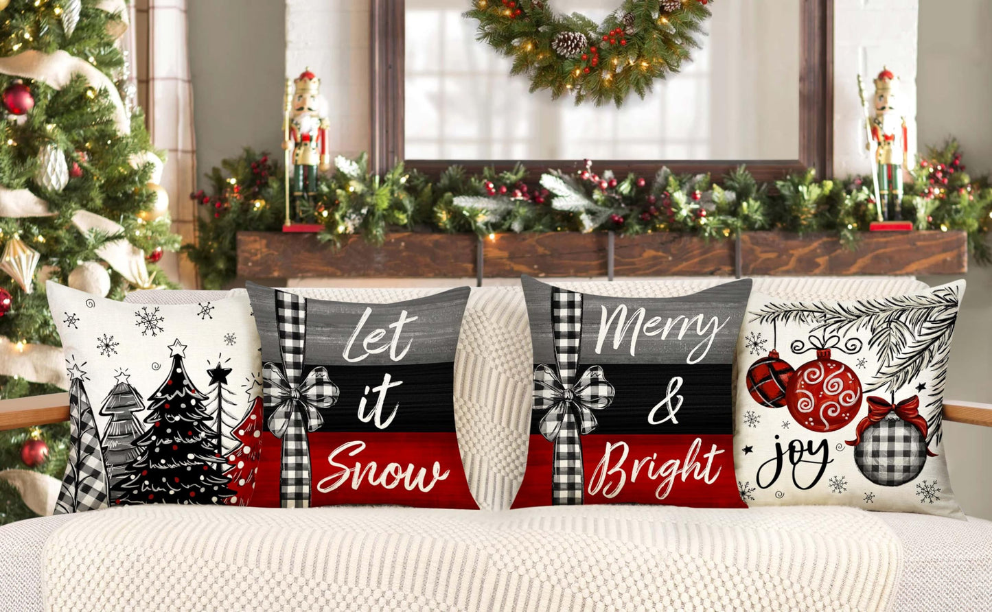 4TH Emotion Christmas Throw Pillow Covers 20 x 20 Inch Set of 4, Xmas Tree Winter Farmhouse Holiday Merry Bright Cushion Case for Home Couch Decoration S23C23-20