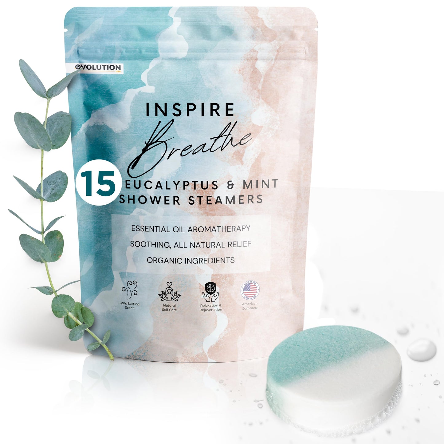 15 Inspire Breathe Shower Steamers for Sinus Relief, Eucalyptus & Mint Shower Tablets Aromatherapy, Women Shower Steamers Breathe Easy, Organic Shower Steamers for Women, Shower Tabs for Sinus Relief