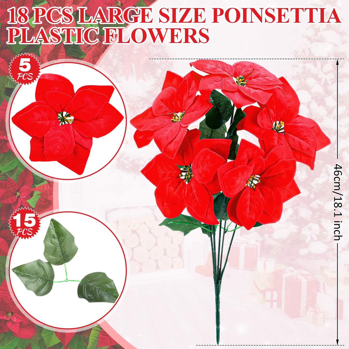 Riceshoot 18 Pcs Christmas Artificial Poinsettia Bushes 18 Inch Faux 5 Heads Poinsettia Bush Bouquets Velvet Artificial Christmas Flowers for Xmas Tree Home Indoor Outdoor Decorations (Red)