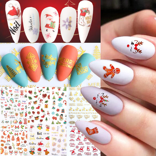 8 Sheets Christmas Nail Stickers, 3D Self-Adhesive Holiday Stickers, Santa Claus Snowflake Snowman Bird Bell Christmas Tree Elk Nail Decals, Red Gold Christmas Stickers, Xmas Winter Stickers for Kids