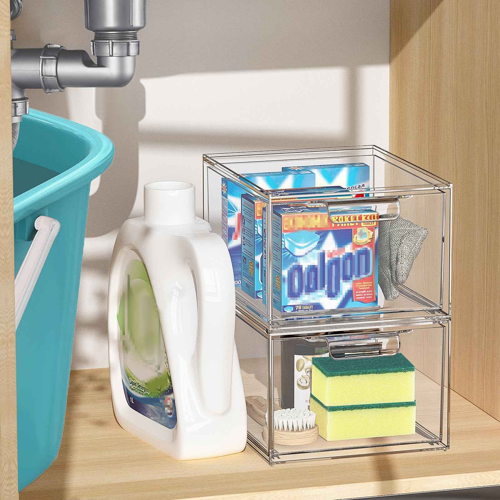 SpaceHacks 2 Pack Stackable Makeup Organizer and Storage, Acrylic Organizers，Clear Plastic Storage Drawer with Handles for Vanity, Undersink, Kitchen Cabinets, Pantry