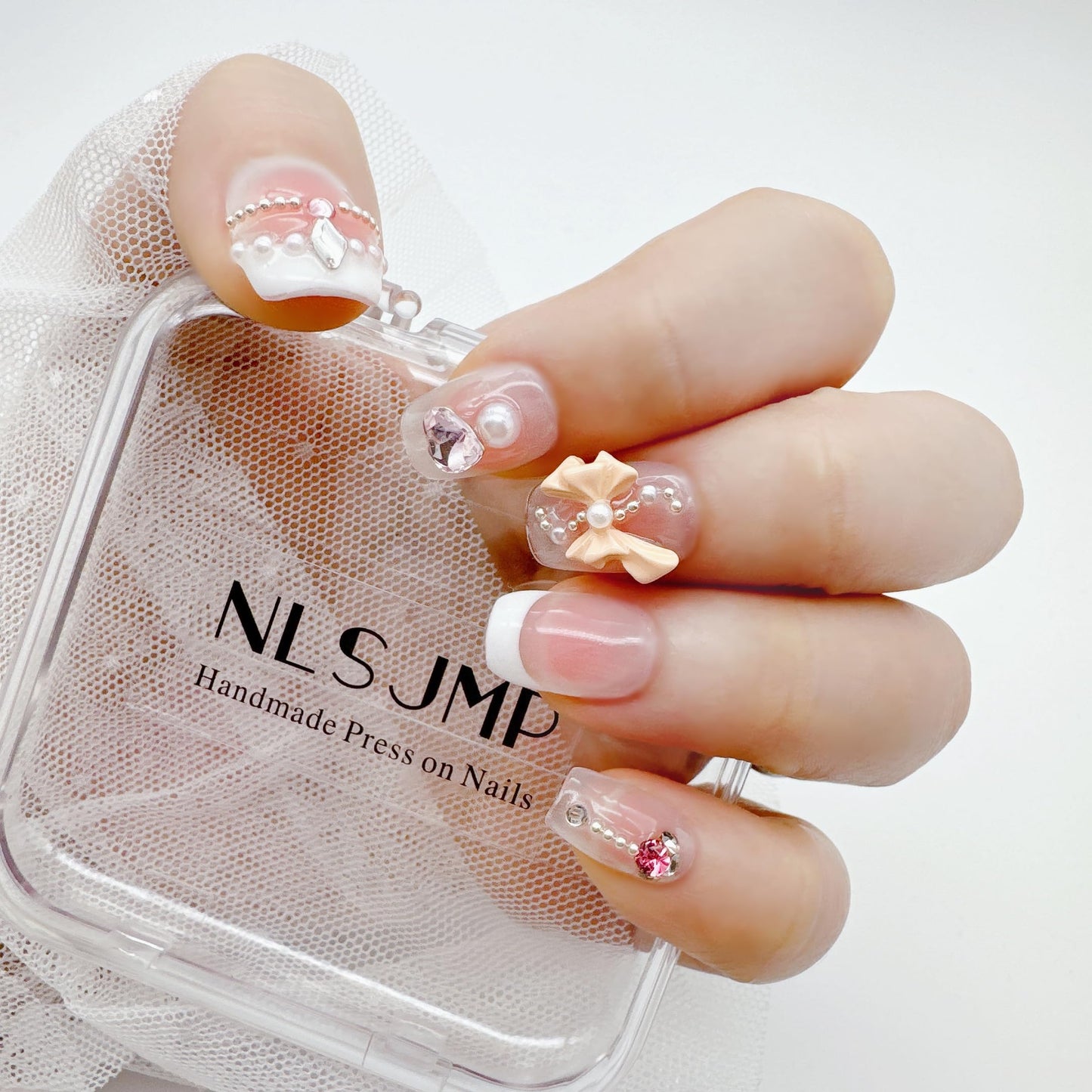 NLSJMP,10Pcs,Size S,French bow, 3D Handmade Short Square Press on Nails French Tip,Ombre Acrylic Fake Nails Kit,Pearl Glitter Design Nail Art Kit,Reusable False nails,Include Toolkit