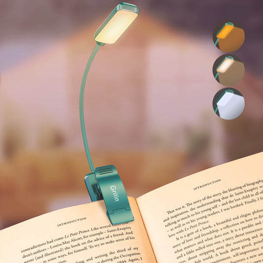 Gritin 9 LED Rechargeable Book Light for Reading in Bed - Eye Caring 3 Color Temperatures,Stepless Dimming Brightness,80 Hrs Runtime Small Lightweight Clip On Book Reading Light for Studying-Green