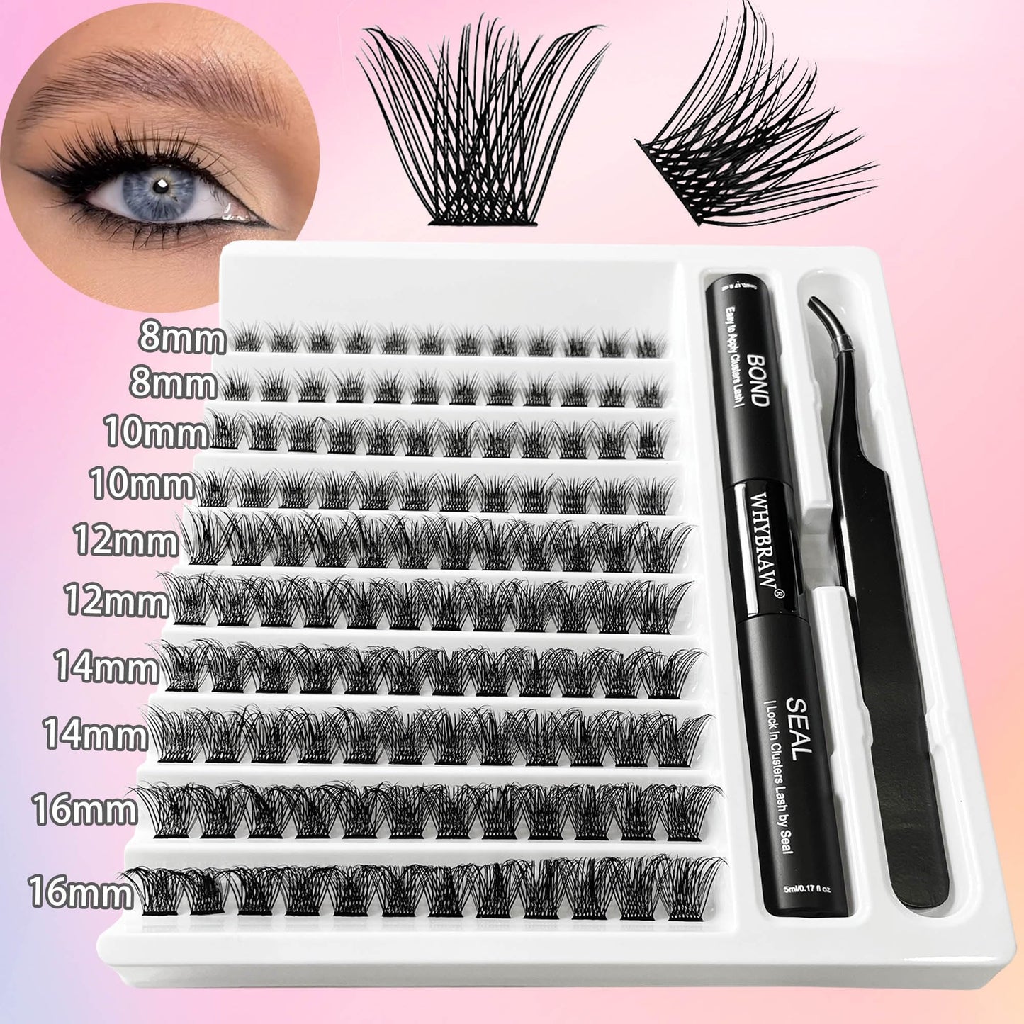 Lash Extension Kit D Curl Lash Clusters WHYBRAW Eyelash Extension Kit with 7 Days Long Lasting Bond Lash Bond and Seal 200 Pcs Natural Individual Lashes Kit with Cluster Lash Tweezers