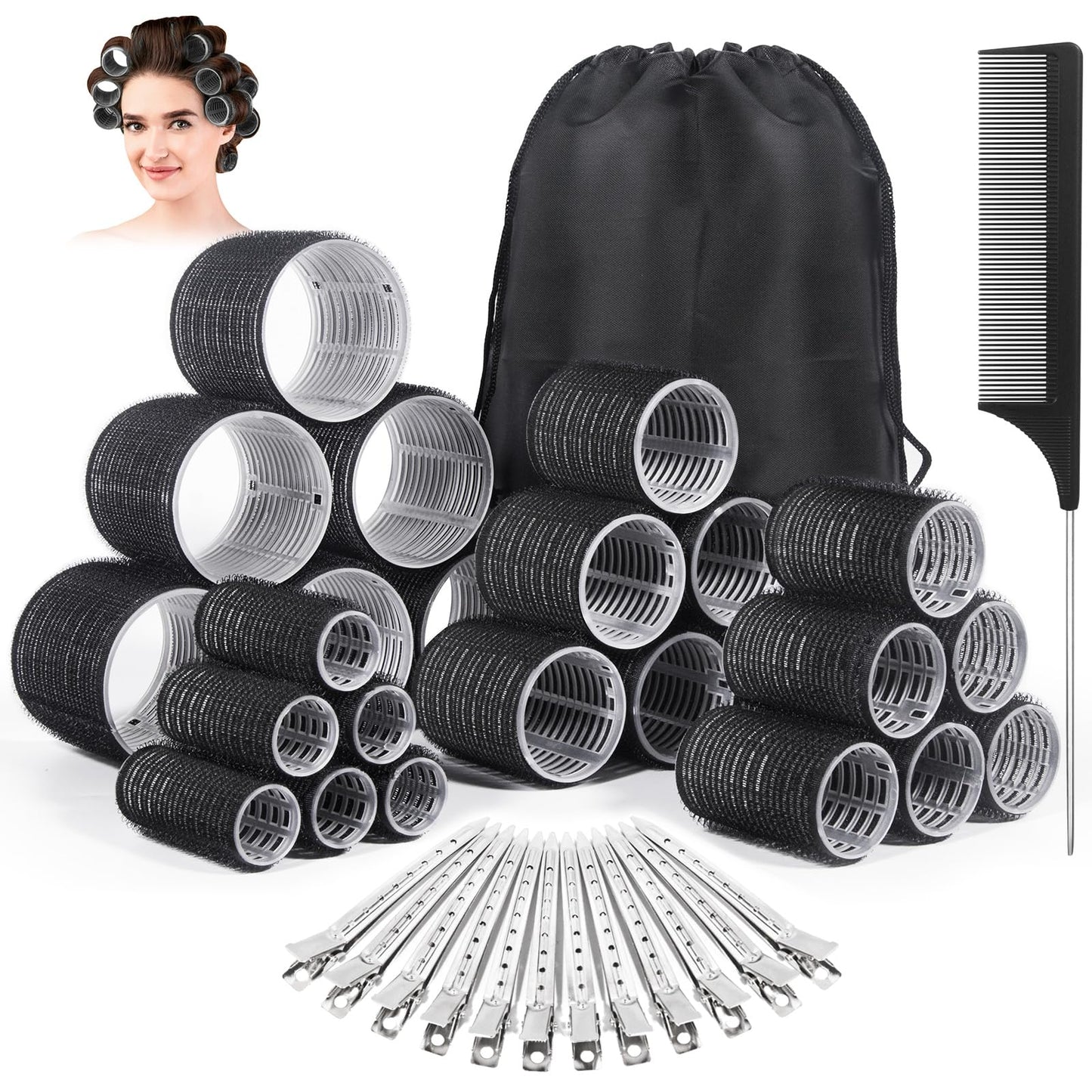 38PCS Hair Rollers Hair Curlers, Rollers, Curlers for Long Hair Thick, Jumbo Large Medium Small Rollers Set, 12 Stainless Steel Clips and Storage Bag