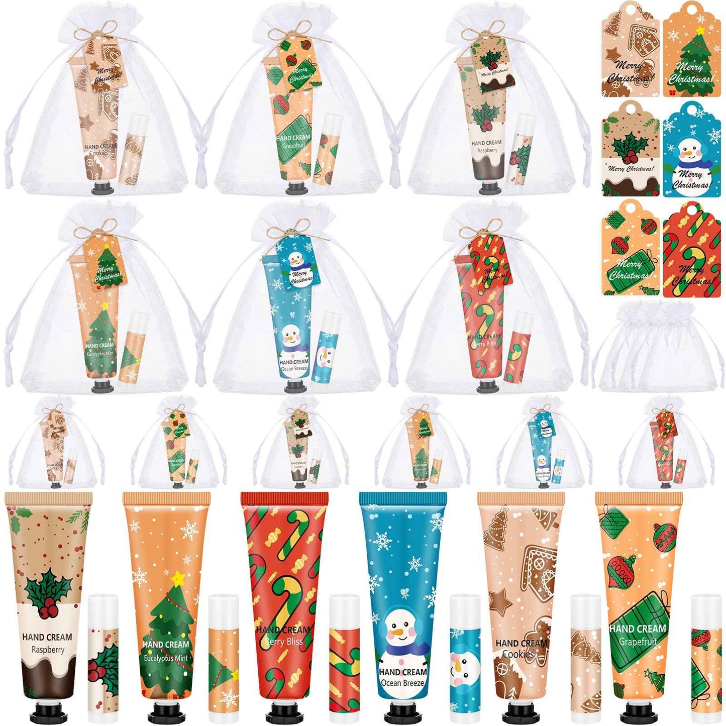 Loopeer 12 Sets/48 Pcs Christmas Hand Cream and Lip Balm Gift Set for Women Bulk Mini Hand Lotion Travel Size for Dry Skin Stocking Stuffers with Greeting Card Organza Bags for Coworker Employee