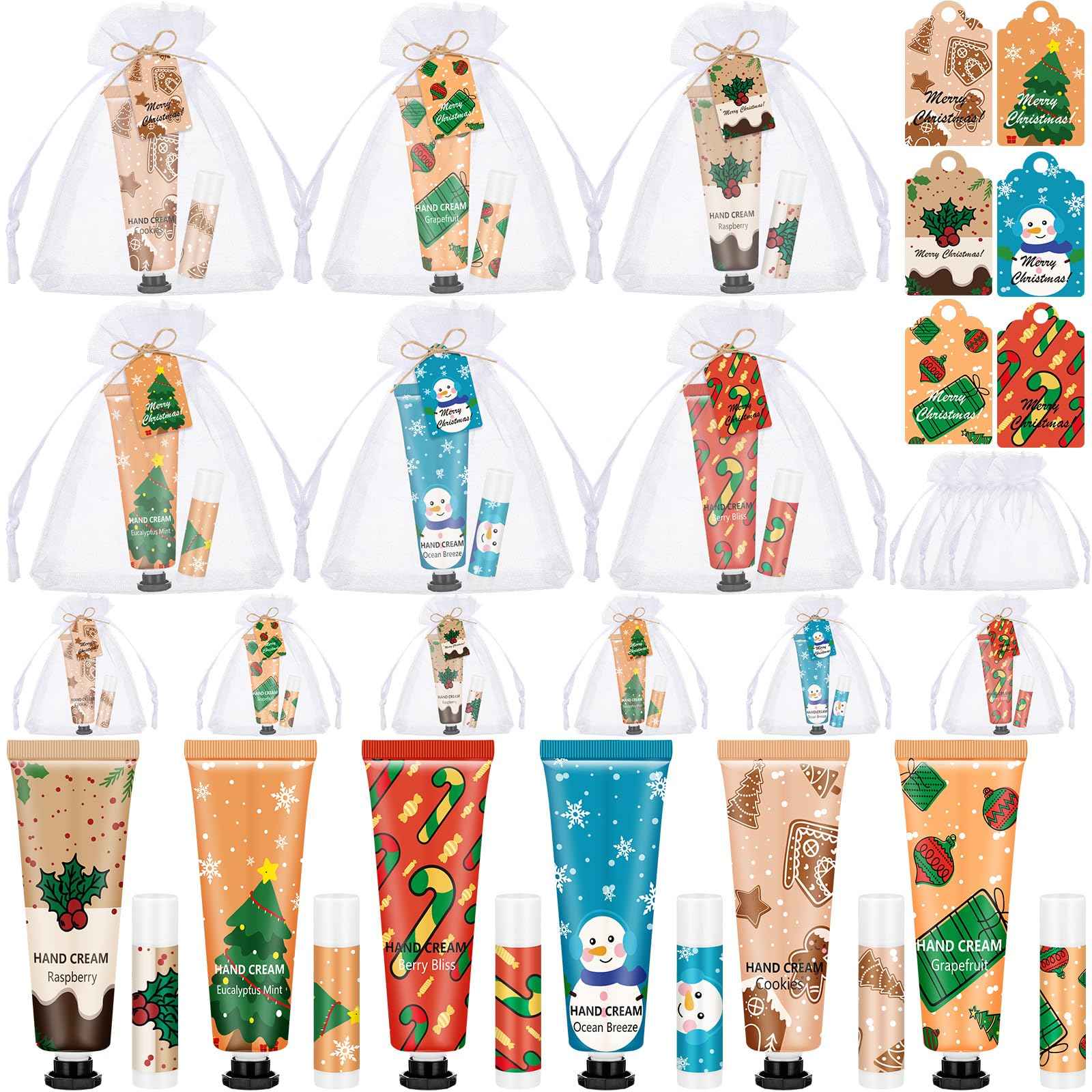 Loopeer 12 Sets/48 Pcs Christmas Hand Cream and Lip Balm Gift Set for Women Bulk Mini Hand Lotion Travel Size for Dry Skin Stocking Stuffers with Greeting Card Organza Bags for Coworker Employee