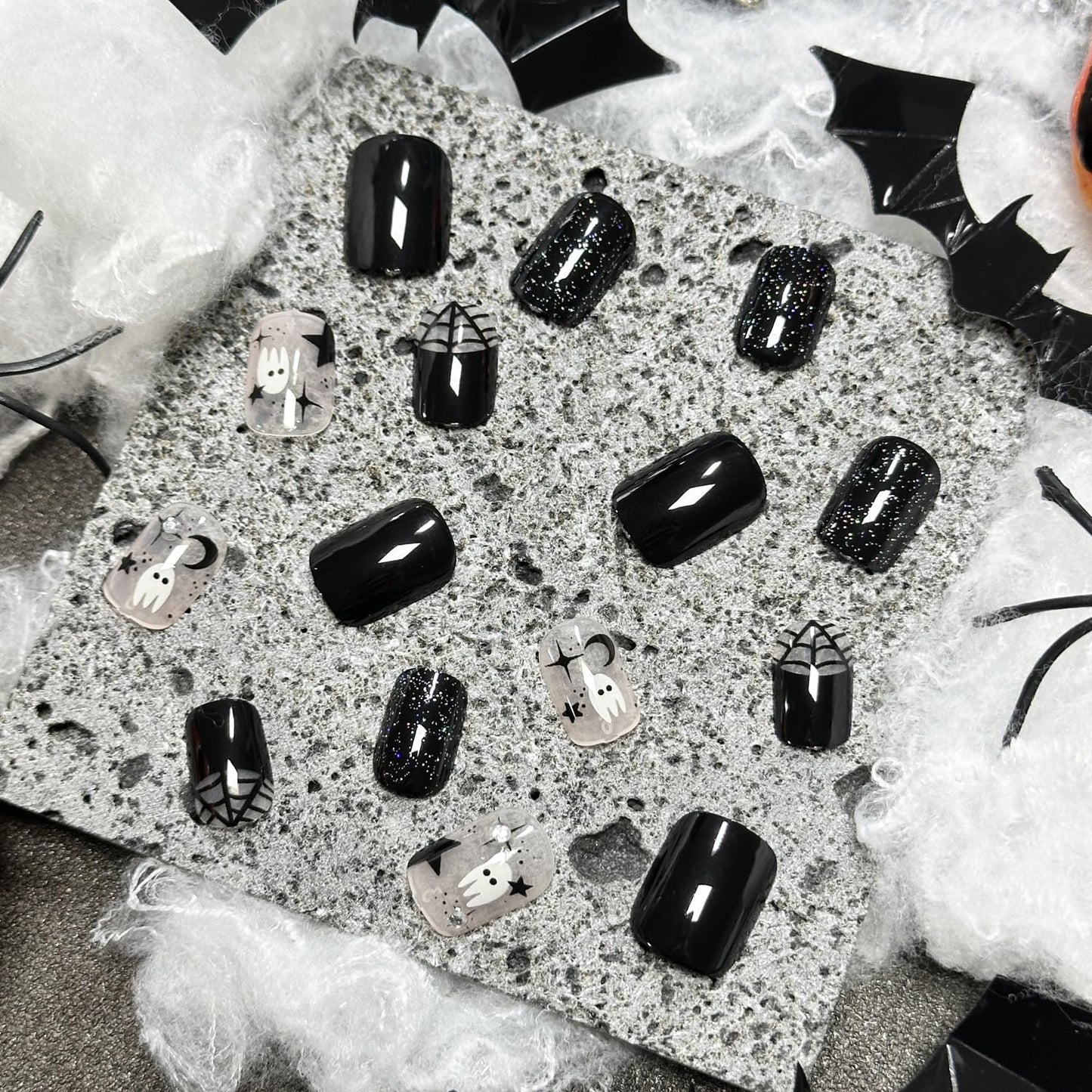 24Pcs Halloween Press on Nails Short Square Fake Nails with Silver Glitter Design Halloween Glue on Nails Full Cover Halloween Nails Stick on Nails for Women and Girls Halloween Nail Art Decoration