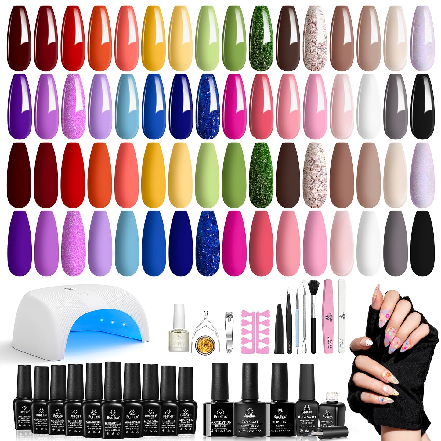 Beetles Gel Nail Polish Kit with UV LED Light Starter Kit 53 Pcs Soak Off 32 Colors Pink Yellow Nude Glitter Gel Polish Set with Base Top Coat 36W Nail Dryer Building Gel Blomming