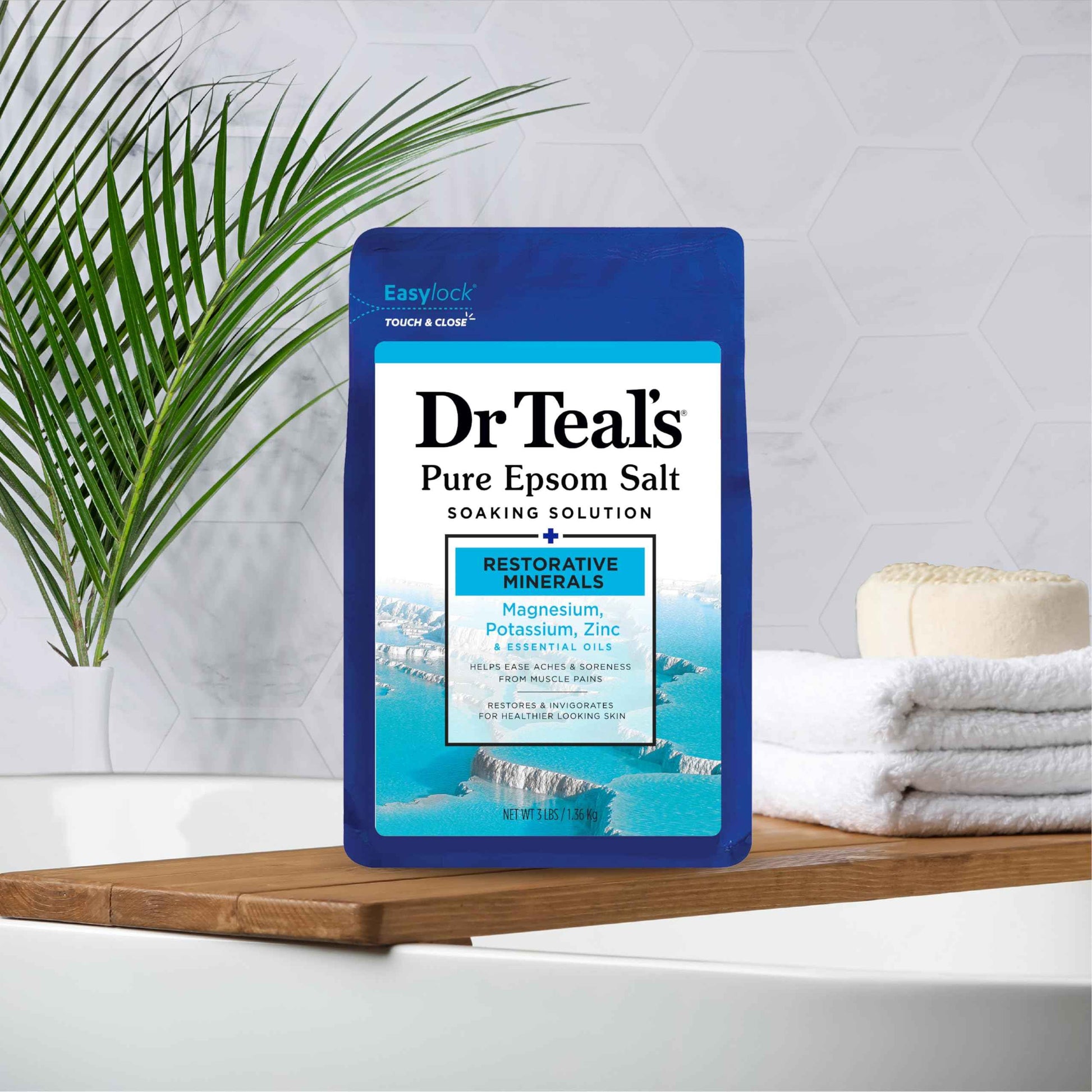 Dr Teal's Epsom Salt Magnesium Soak, Restorative Minerals with Magnesium, Potassium, Zinc & Essential Oils, 3 lbs (Pack of 4)