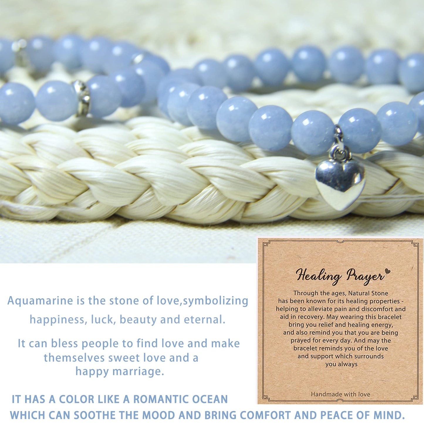 Healing Bracelets for Women - Aquamarine Bracelet - Healing Prayers Crystal Bracelet, 8mm Natural Stone Anti Anxiety Stress Relief Yoga Beads Get Well Soon Gifts