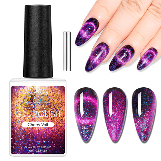 Makartt Gel Nail Polish, Black Hole Cat Eye Gel Polish 10ml Sparkly Cat Eye Glitter Spring Gel Polish with Magnet Stick Soak Off UV/LED Manicure Nail Art Designs-Cherry Veil