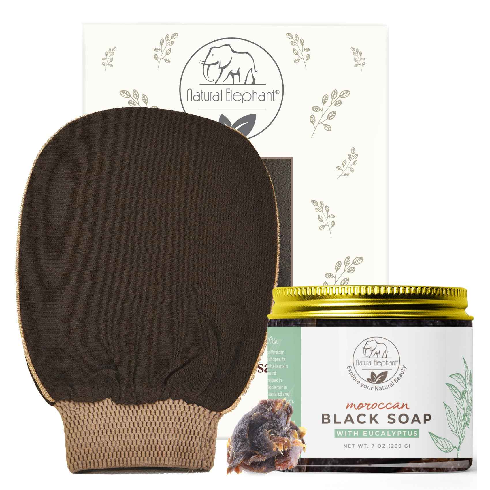 Natural Elephant Premium Kessa Hammam Glove and Moroccan Black Soap with Eucalyptus Essential Oil 200g (7oz) Combo Spa Exfoliation Kit