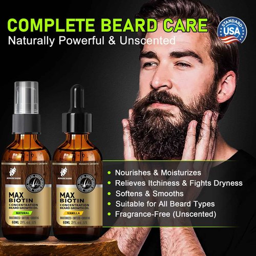 aokur 2 Pack Beard Growth Oil for Men – Vanilla & Unscented – High Strength Biotin Serum – Softens, Strengthens & Boosts Beard Growth – Gift Set for Father’s Day, Anniversaries & Christmas