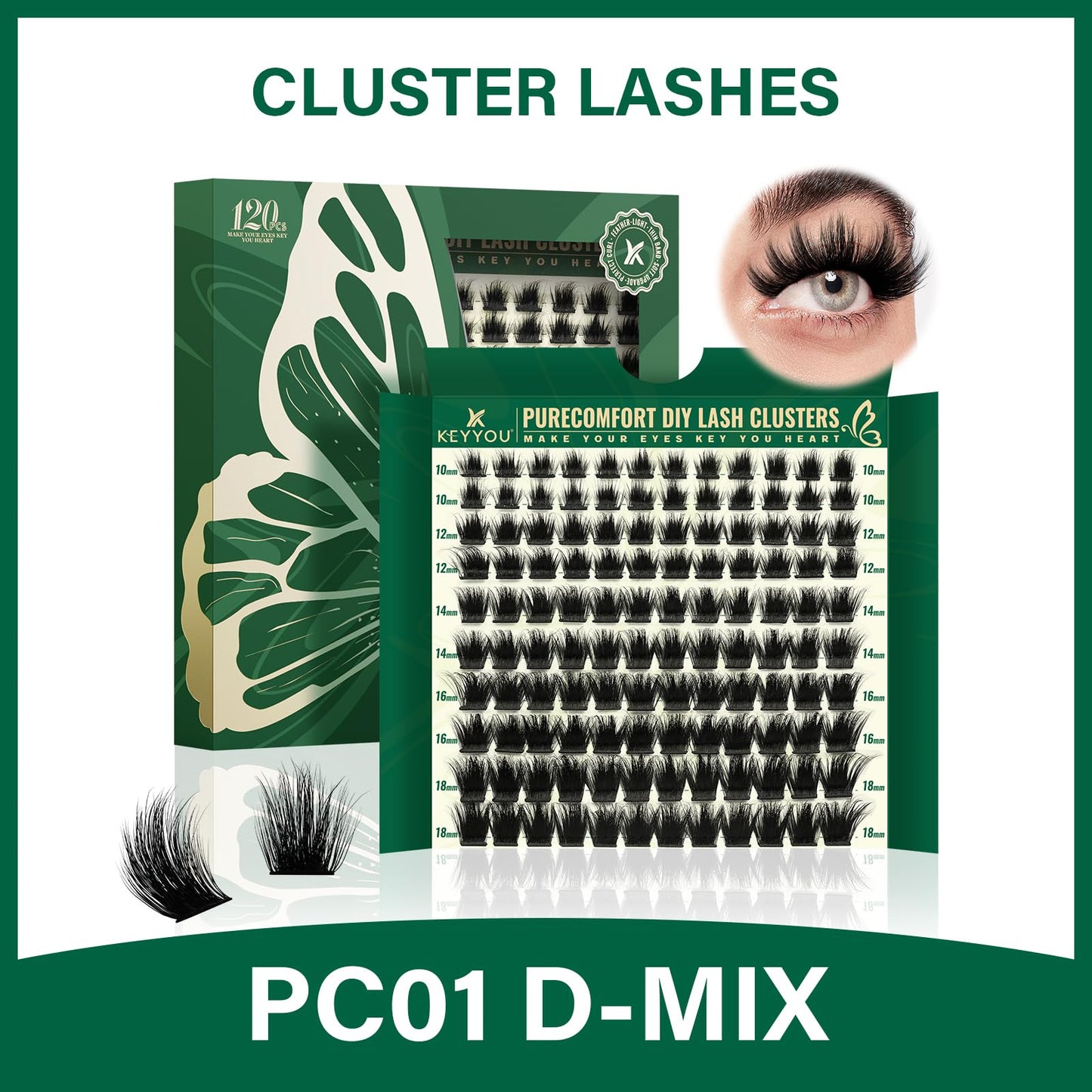 KEYYOU Lash Clusters 120pcs Eyelash Clusters 10-18mix D Curl Cluster Lashes Thick Super Soft Wispy DIY Eyelash Extension at Home(PC01-D-10-18MIX)