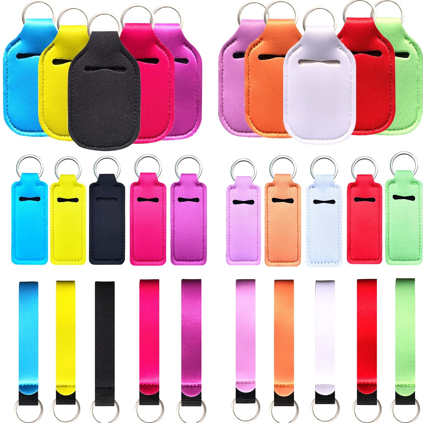 PUEZOKLY 40pcs Travel Bottles Keychain Set with Wristlet Chapstick Holders key chain, Hand Sanitizer Holder Keychain with Empty Bottles