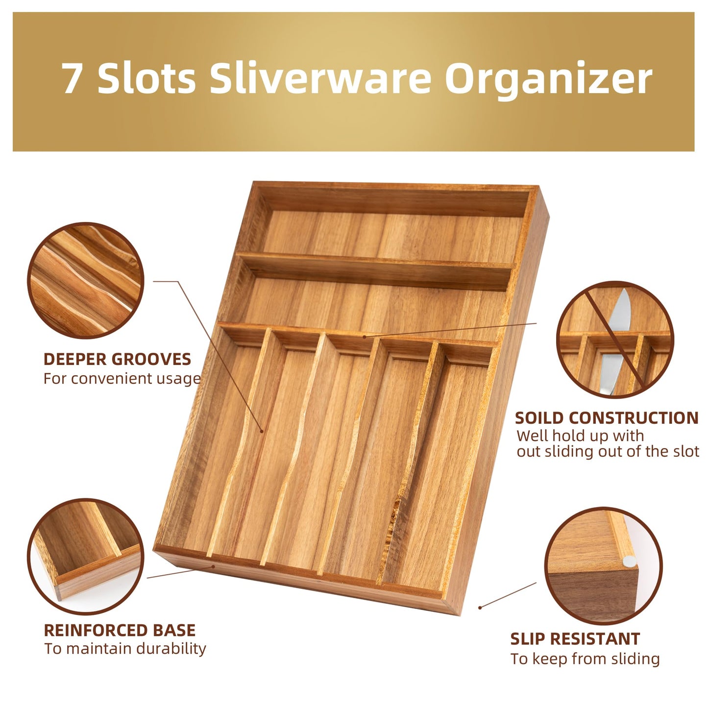 Besilord Silverware Organizer Kitchen Drawer Organizer Utensil Organizer Acacia Silverware Holder Cutlery Organizer in Drawer Flatware Organizer Tray(7 slots, Acacia