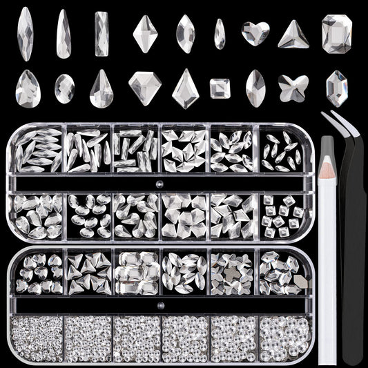 18 Styles Multi-Shaped Glass Gemstones for Nails and 6 Sizes Round Crystal Rhinestones Kit #2, Clear Transparent White Nail Art Charm Bead Manicure Decoration with Pickup Pencil and Tweezer