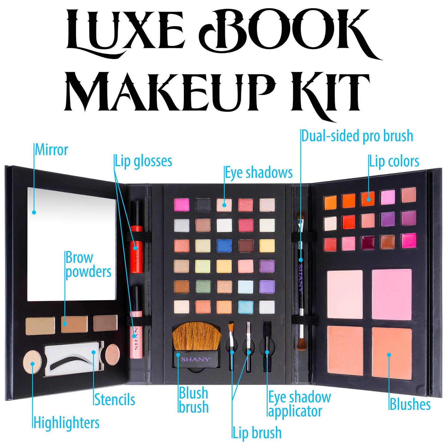 SHANY Luxe Book Makeup Set - All In One Travel Cosmetics Kit with 30 Eyeshadows, 15 Lip Colors, 5 Brushes, 4 Pressed Blushes, 3 Brow Colors, and Mirror