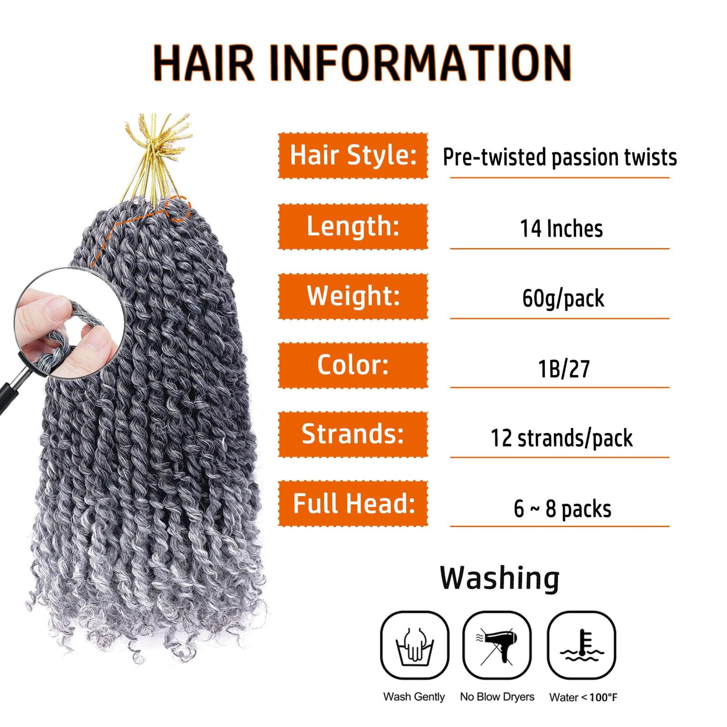 Passion Twist Hair 14 Inch Pre-twisted Passion Twist Crochet Hair for Women Pre-looped Water Wave Crochet Braids Bohemian Curly Crochet Hair Synthetic Hair Extensions 8 packs 1B/Gray