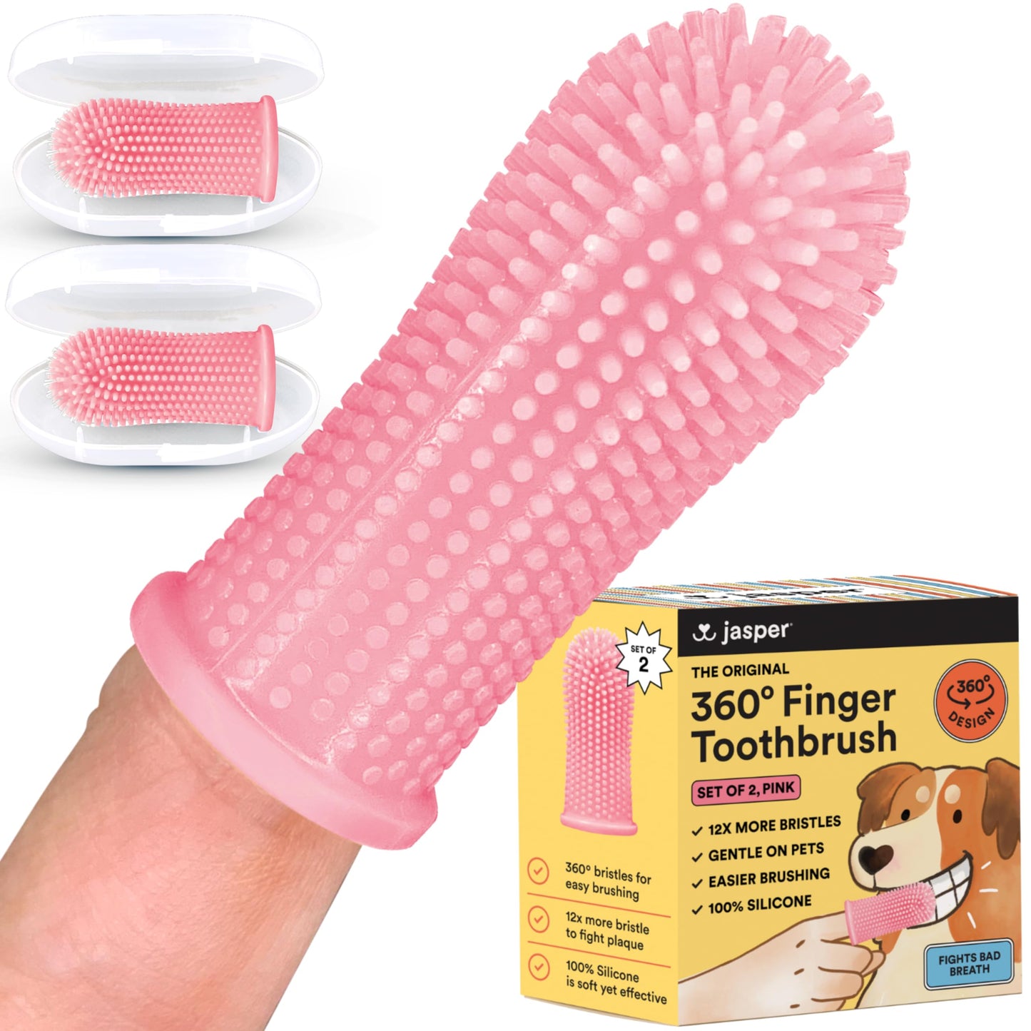 Jasper Dog Toothbrush, 360º Dog Tooth Brushing Kit, Cat Toothbrush, Dog Teeth Cleaning, Dog Finger Toothbrush, Dog Tooth Brush for Small & Large Pets, Dog Toothpaste Not Included - Pink 2-Pack