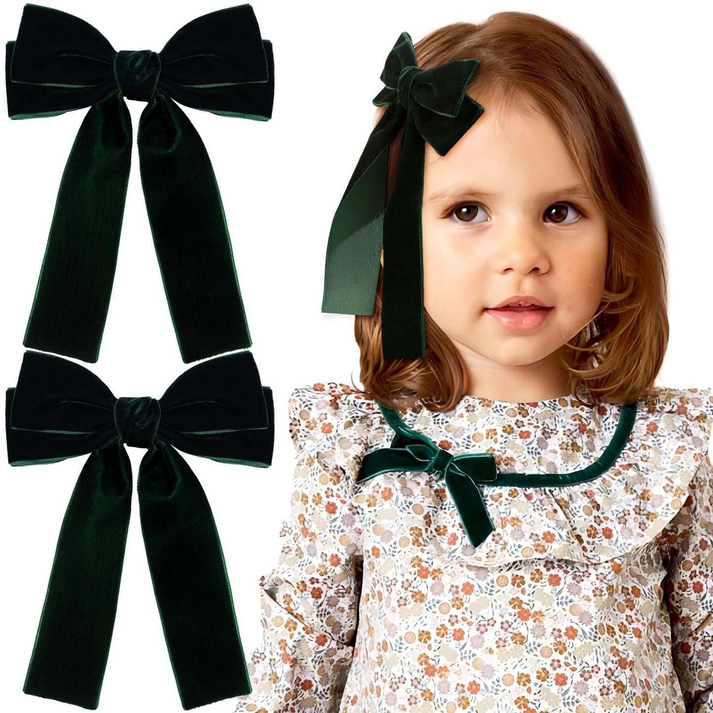 NCMAMA 2Pcs Green Velvet Hair Bows for Girls Hair Clip Hair Bow Ribbon Hair Accessories for Women Toddlers Infant Teens Kids(Green-velvet)