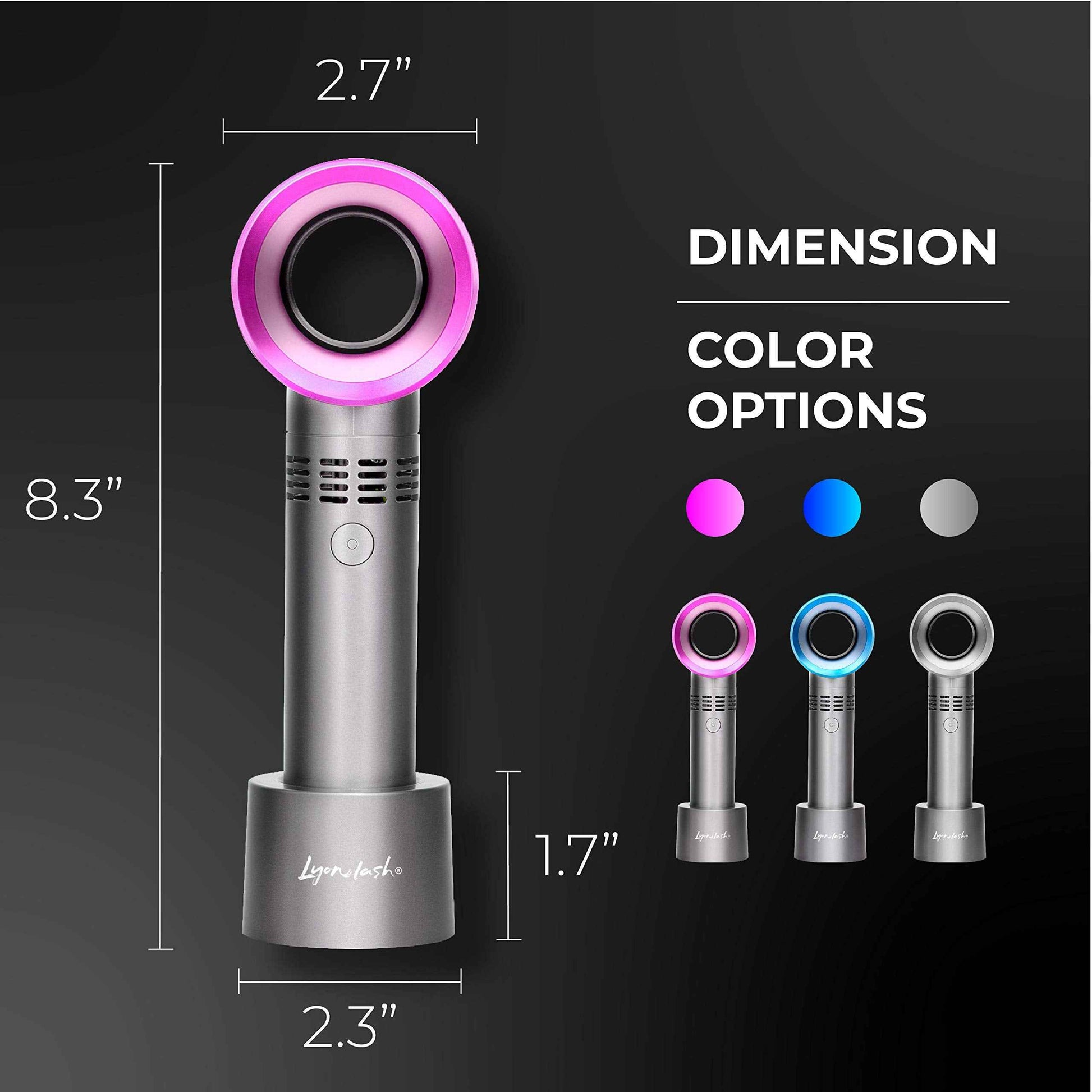 Lyon Lash Portable USB Rechargeable Bladeless Mini Fan/Air Conditioning Blower/Handheld Cooling Dryer, Essential Eyelash Extension Supplies, Dries Glue/Adhesive Rapidly (Nickel/Fuchsia Pink)