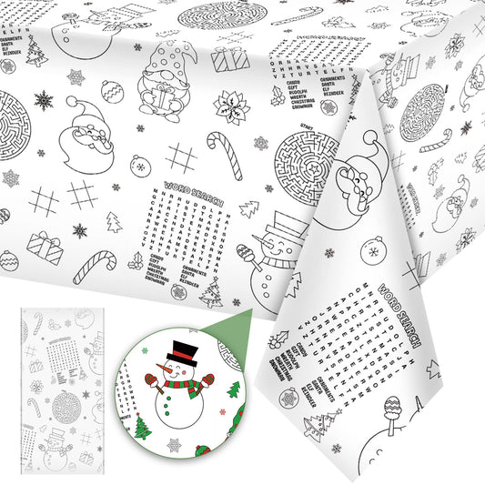 1 Pack Christmas Tablecloth Christmas Activity Paper Tablecloth Santa Claus Snowman Gnome Color-in Paper Disposable Tablecover for Kids Christmas Winter Holiday Birthday Party Decoration 54X108 Inch