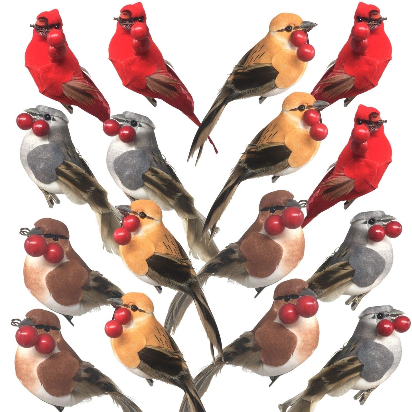 BANBERRY DESIGNS Feathered Song Bird Clip-On Ornaments - Set of 16 - Assorted Styles - Cardinals, Orioles, Finches and Chickadees with Red Berries - Each Measures 4 Inches