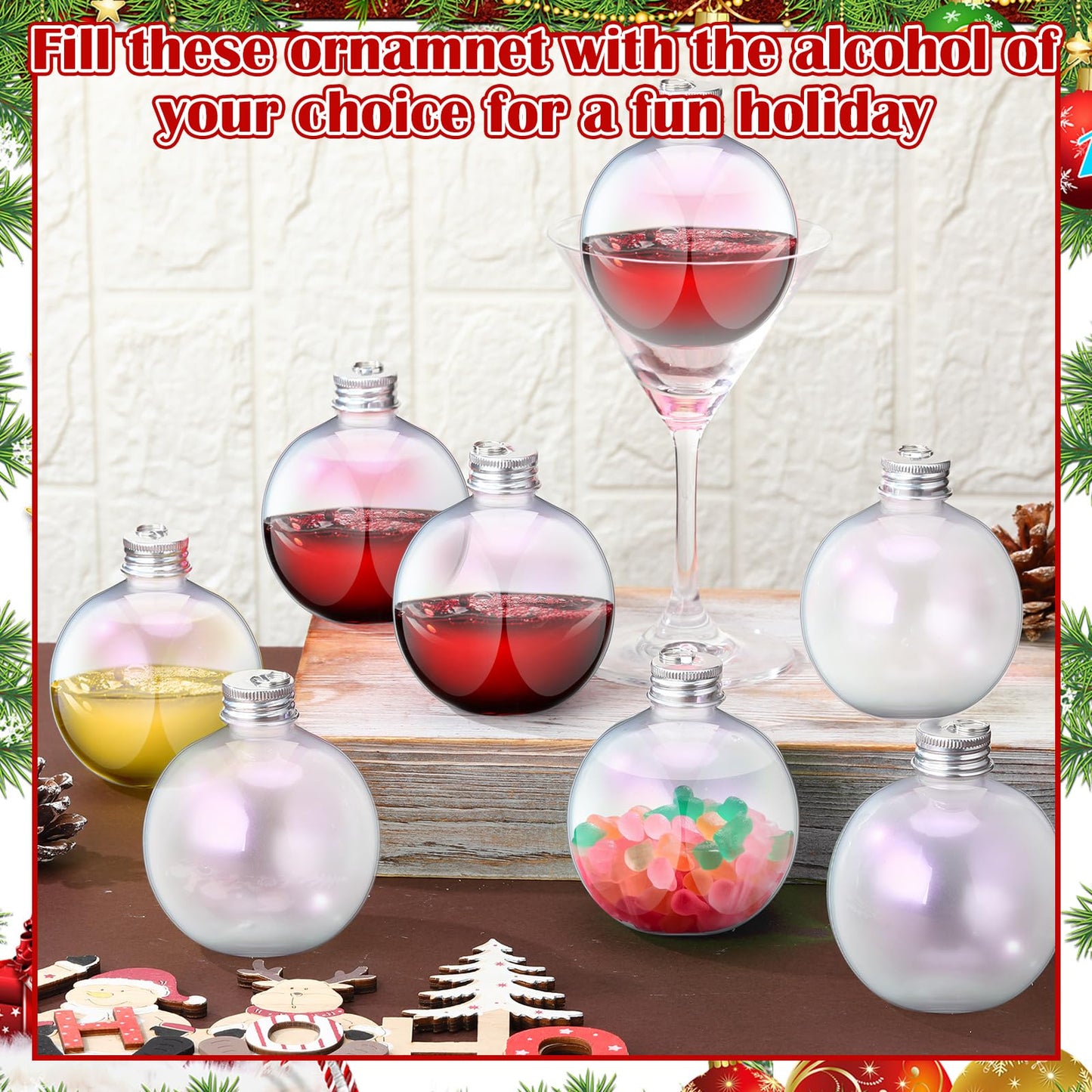 12 Pcs Christmas Drink Balls 3 Inches Drink Ornament Balls Iridescent Christmas Fillable Drinks Christmas Hanging Booze Balls Juice Pendant Bottle Bulbs for Party Decor 250ml