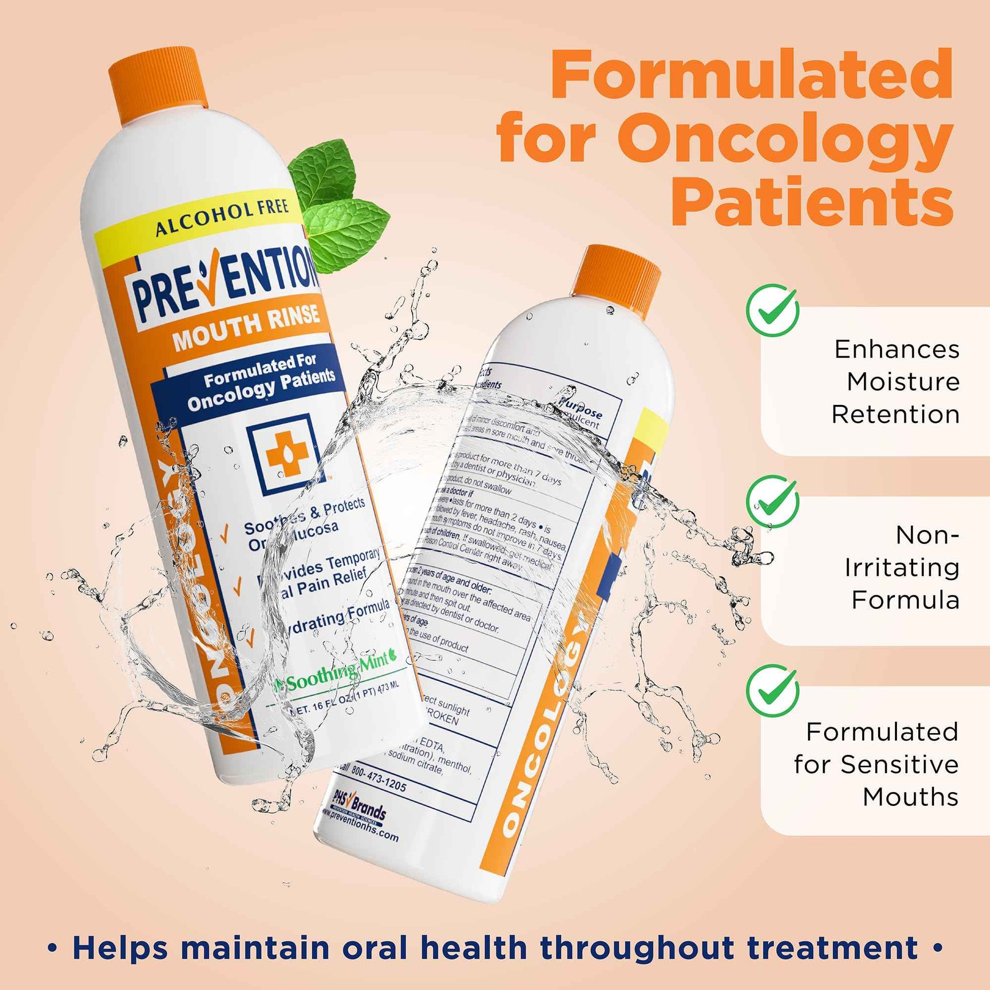 Prevention Oncology Alcohol Free Mouthwash, Soothing, Gentle, & Moisturizing, Mouthsore and Dry Mouth Mouthwash Specially Formulated for Patients Undergoing Oncology Treatment - 16 oz, Value 2-Pack