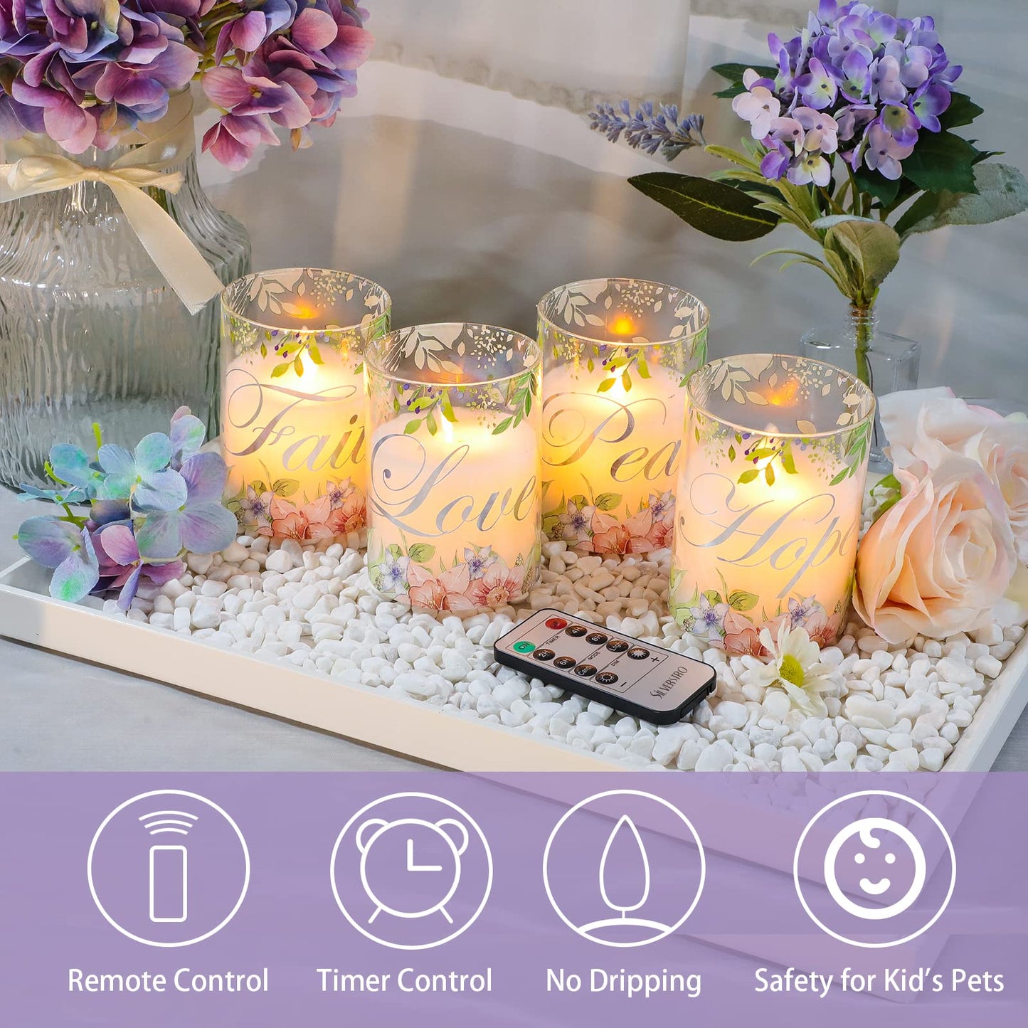 Silverstro Flameless Candles Glass Flickering Real Wax Floral LED Candles with Remote - Home Party Room Botanical Christmas Fall Decor Set of 4