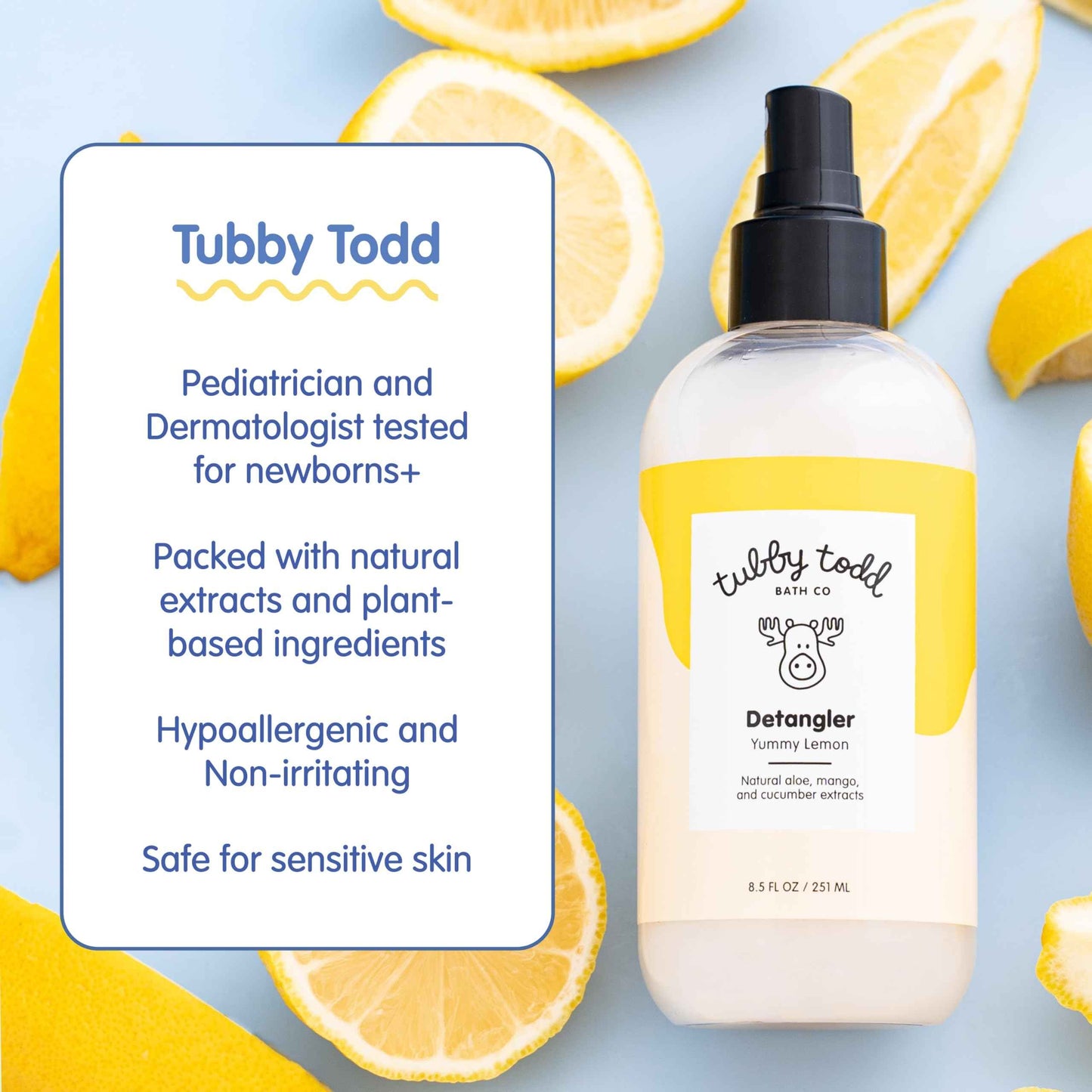 TUBBY TODD Hair Detangler Spray for Kids - Hair Detangling Spray with Baobab & Coconut Oil - Gentle & Moisturizing Kids Hair Detangler Spray - 8.5oz, 2 Pack - Lemon Crème