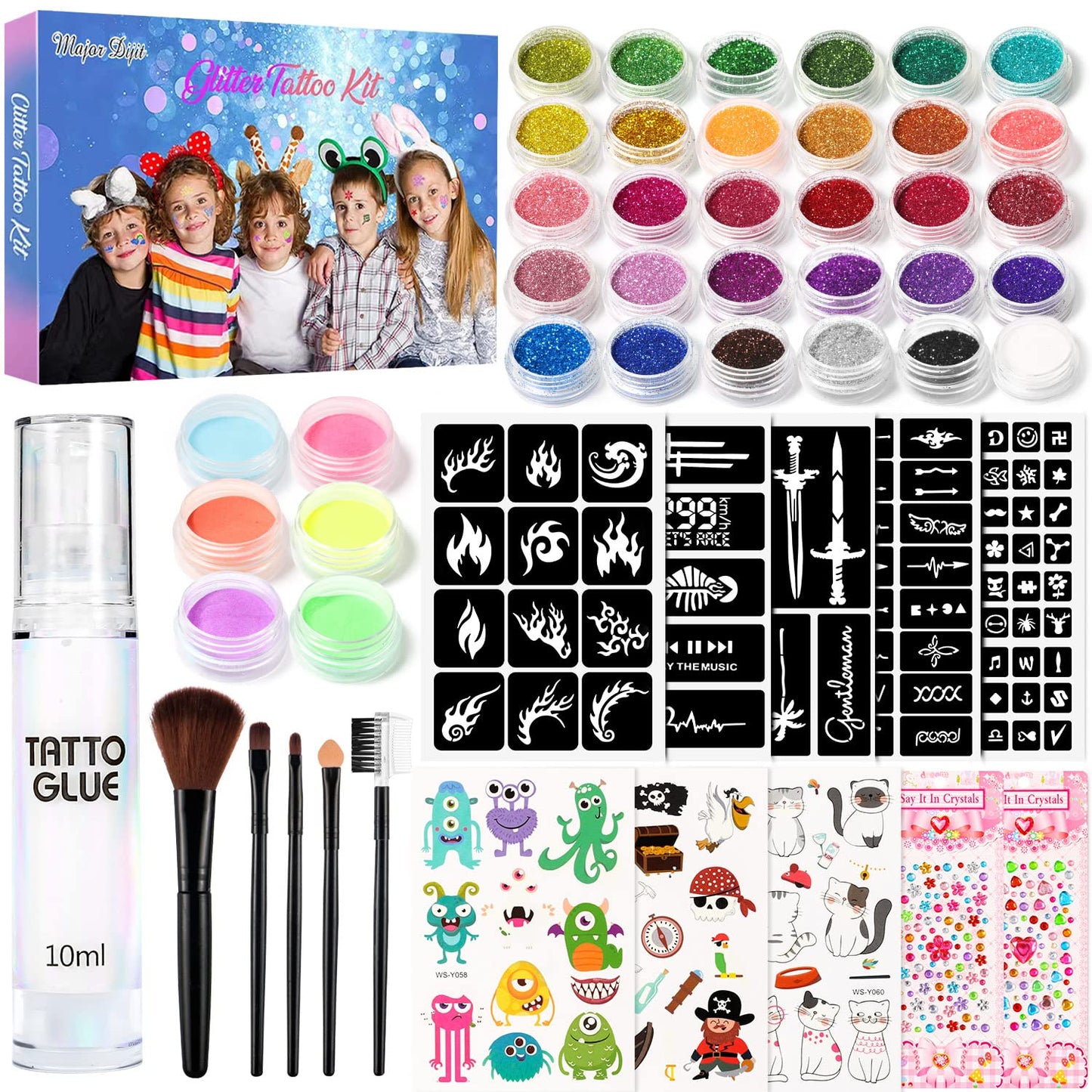 Temporary Glitter Tattoo,30 Glitter Colors, 5 unique stencils, 1 Body Glue, 5 Brushes, stickers and Rhinestones, Adults & Kids Arts Glitter Make Up Kit, Gift for Halloween Christmas Birthday Party