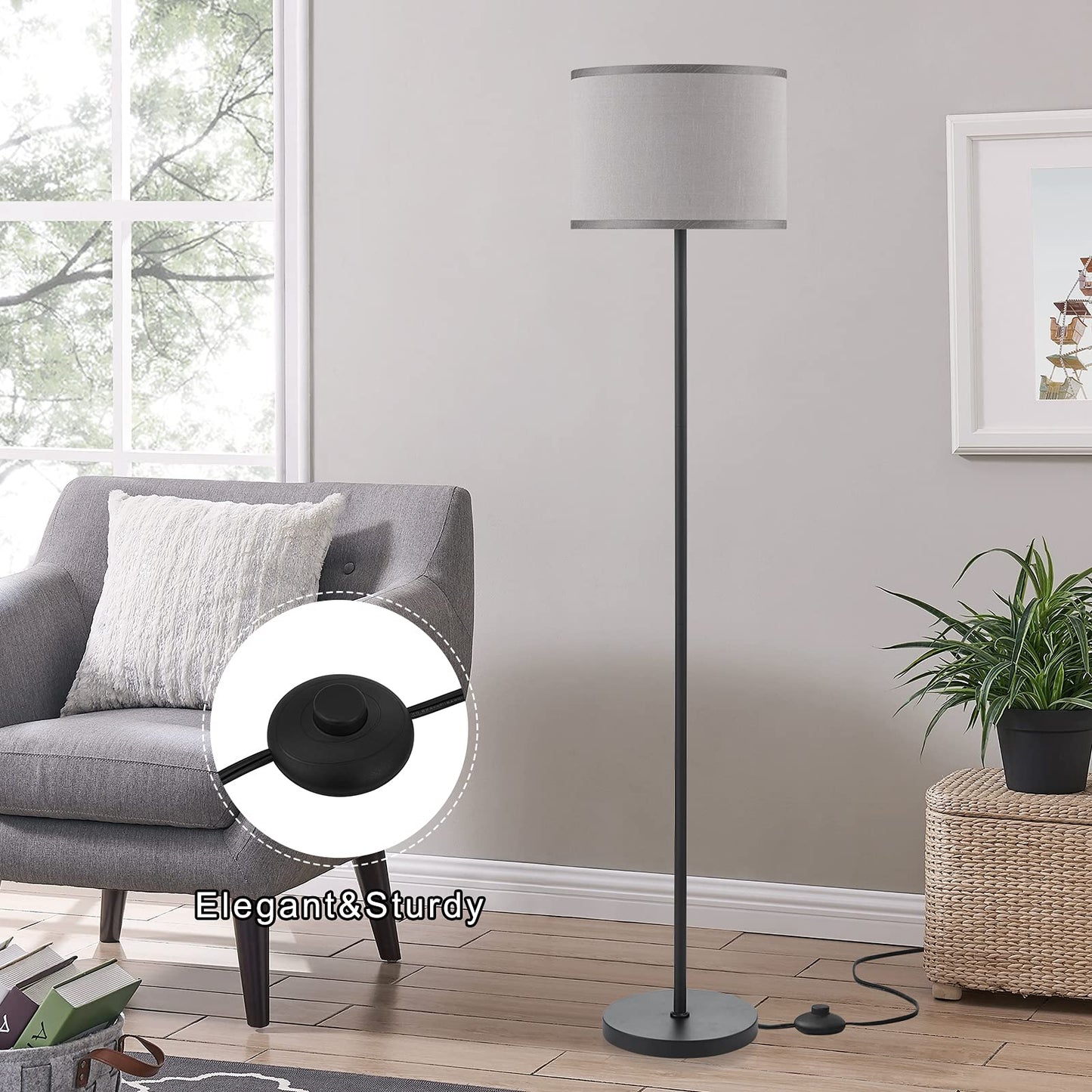 Ambimall Floor Lamp for Living Room, Modern Floor Lamp with Shade, Tall Lamps for Living Room, Bedroom, Office, Dining Room, Stick Floor Lamp with Grey Lampshade(Without Bulb)