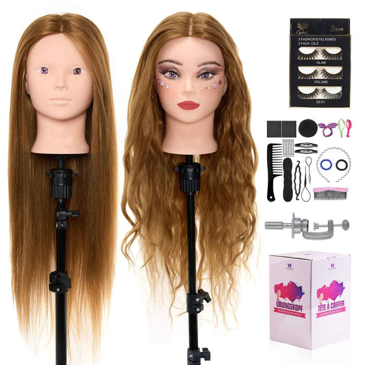 Mannequin Head with 80% Real Human Hair, 28“ Make up Cosmetology Manikin Practice Head with Hair,Braiding Hairdressing Doll Head with Table Clamp + DIY Hair Styling Set Suitable for Hair Extensions