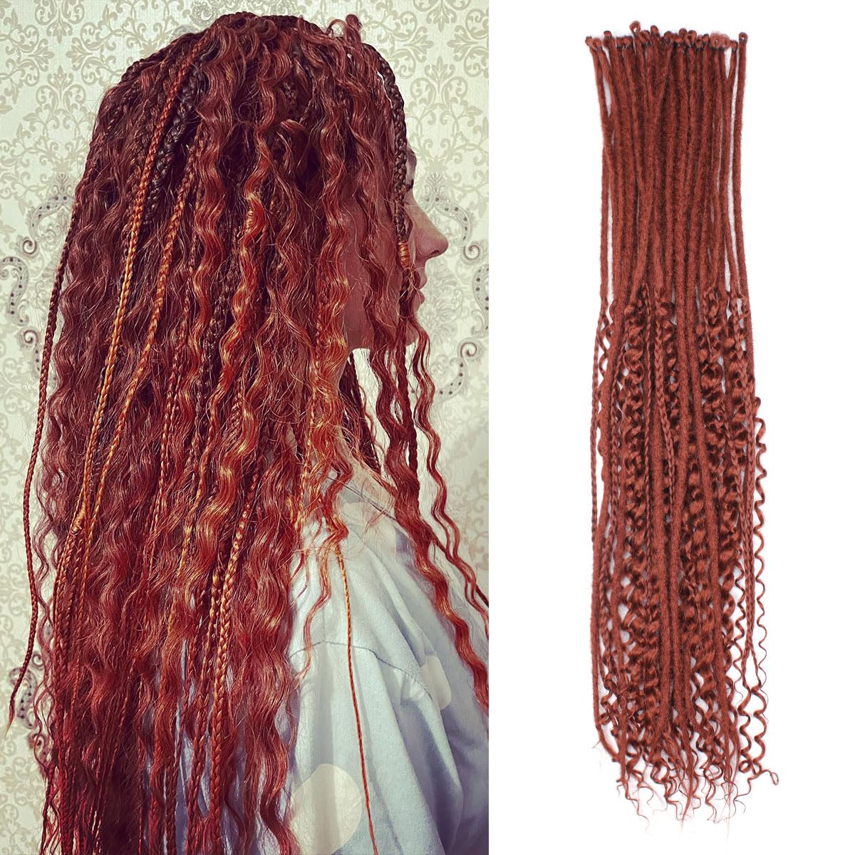 Quiduis 30 Inch 30 Strands SE Dreadlock Extensions,3 In 1 Mixed Synthetic Dreads Extensions,Maroon Red Curly&Straight&Boho Single Ended Dreads Extensions Hippie Style Dreadlock for Women…