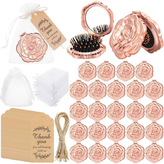 Singhoow 24 Sets Rose Compact Mirrors Brush Bulk Quinceanera Party Favors for Guests Travel Mirror Thank You Gifts Bulk for Sweet 16 15 Party Favors Bridal Shower Wedding Souvenirs(Rose Gold)