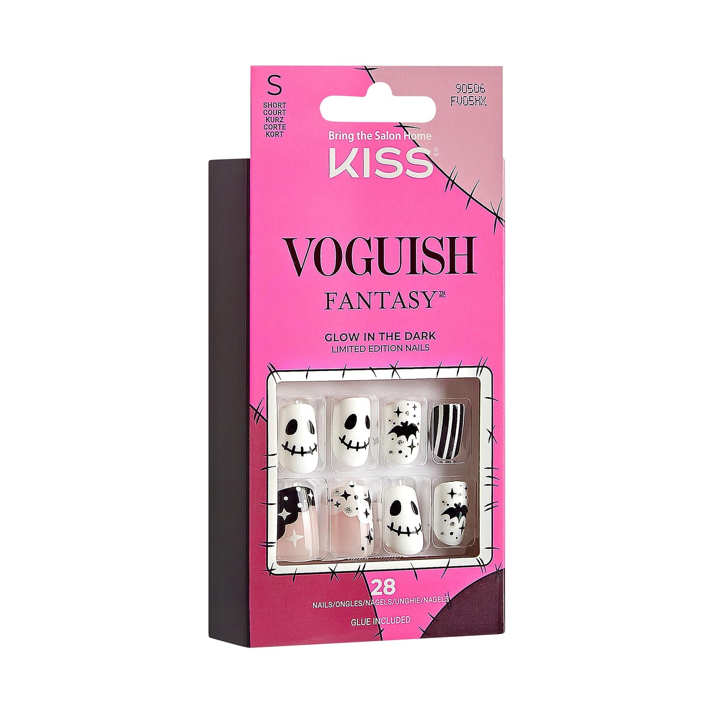 KISS Voguish Fantasy Halloween Nails, Black & White, Short Length, Square Shape, Pink Gel Nail Glue (2g), Mini Nail File, Manicure Stick, & 28 Fake Nails