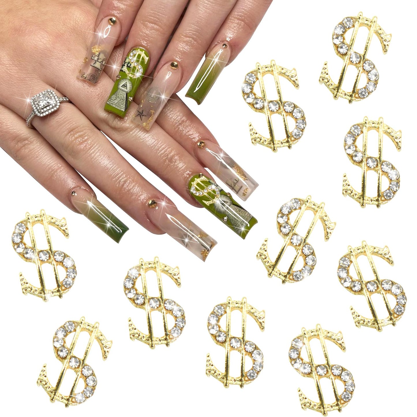 RODAKY 10PCS Gold Dollars Nail Charms 3D Alloy Money Sign Charms Shiny Nail Jewelry Luxury Nail Gems Rhinestone for Acrylic Nails Manicure DIY Decoration Accessories for Women and Girls