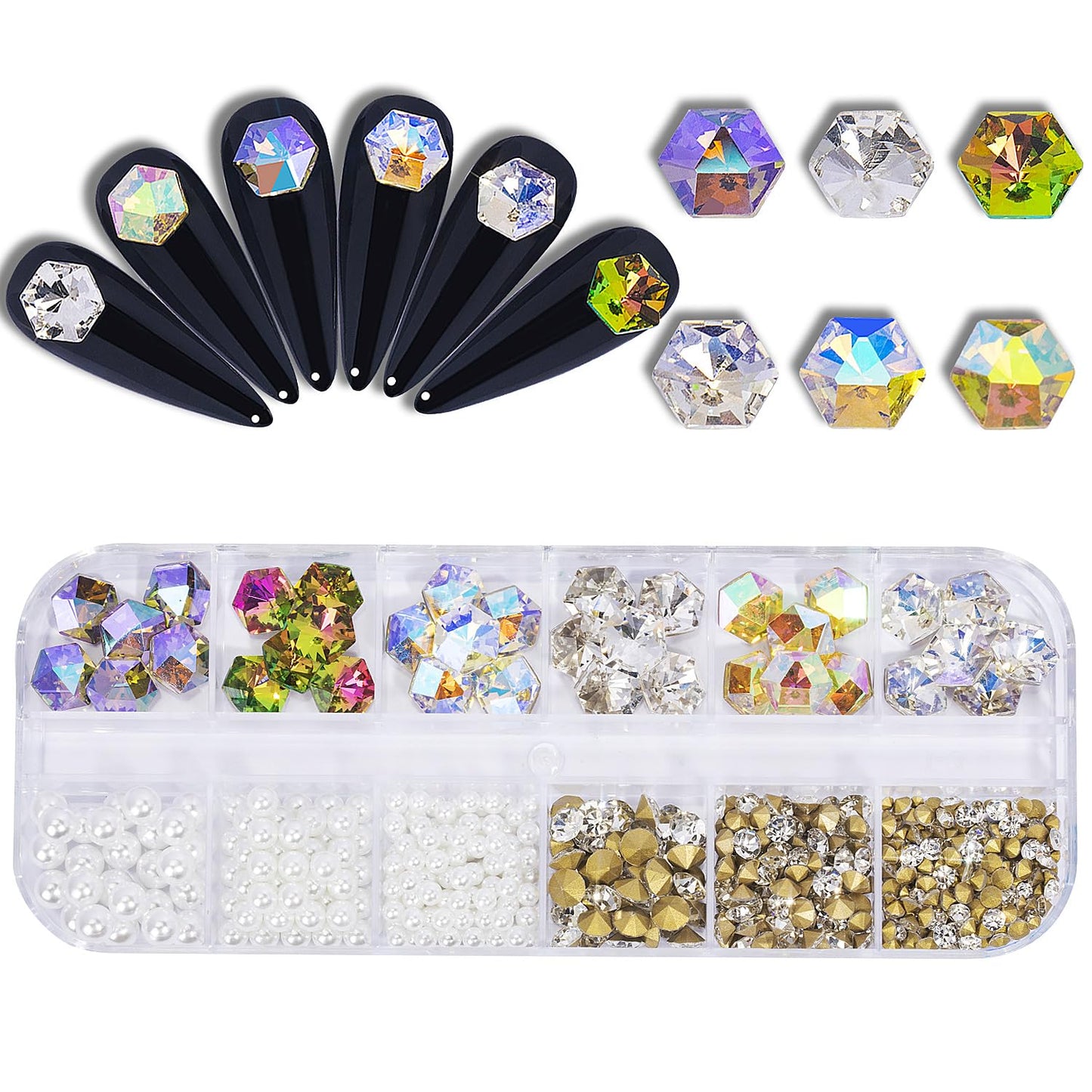 12 Grids 3D Kaleidoscope Shape Nail Rhinestones for Acrylic Nails Mixed Size Round Pearls Pointy-Back Rhinestones Nail Art Crystal Diamond Gem Jewelry Rhinestones for Nail Craft Decoration