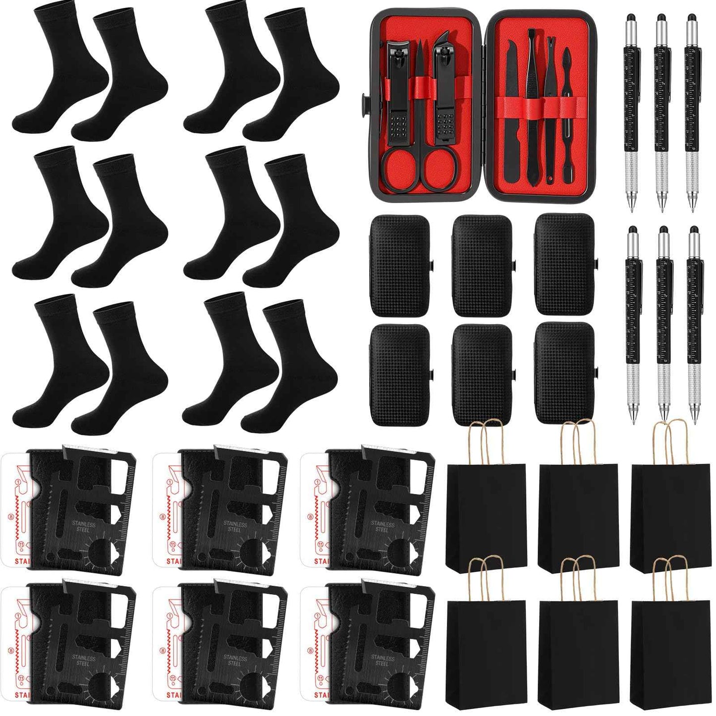 Leriton 6 Sets Christmas Gifts Baby Shower Game Prizes for Men Include Black Kraft Paper Gift Bags Manicure Kit Tools Socks Pens 11-in-1 Survival Card Tool for Men Husband Father(Black)